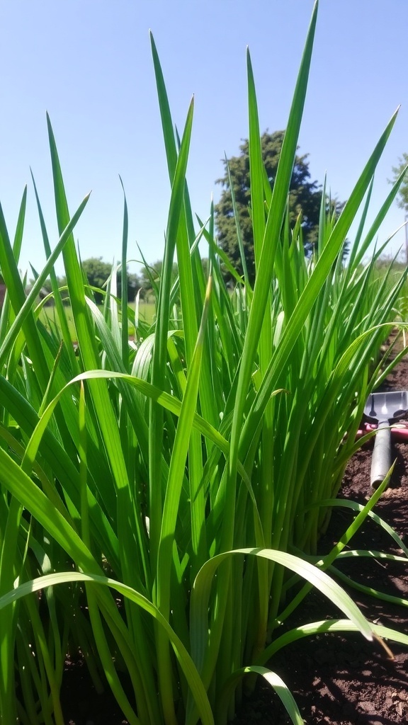 Growing Onions in Zone 6 A lush garden with green onion plants under a sunny sky, surrounded by gardening tools.